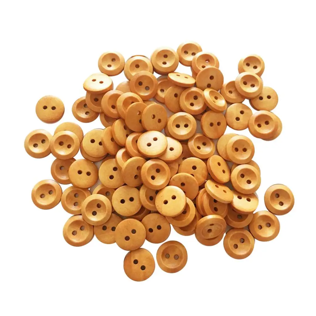 100Pcs Wood Buttons Sewing 2 Holes Round Brown for Clothing Accessories 15mm