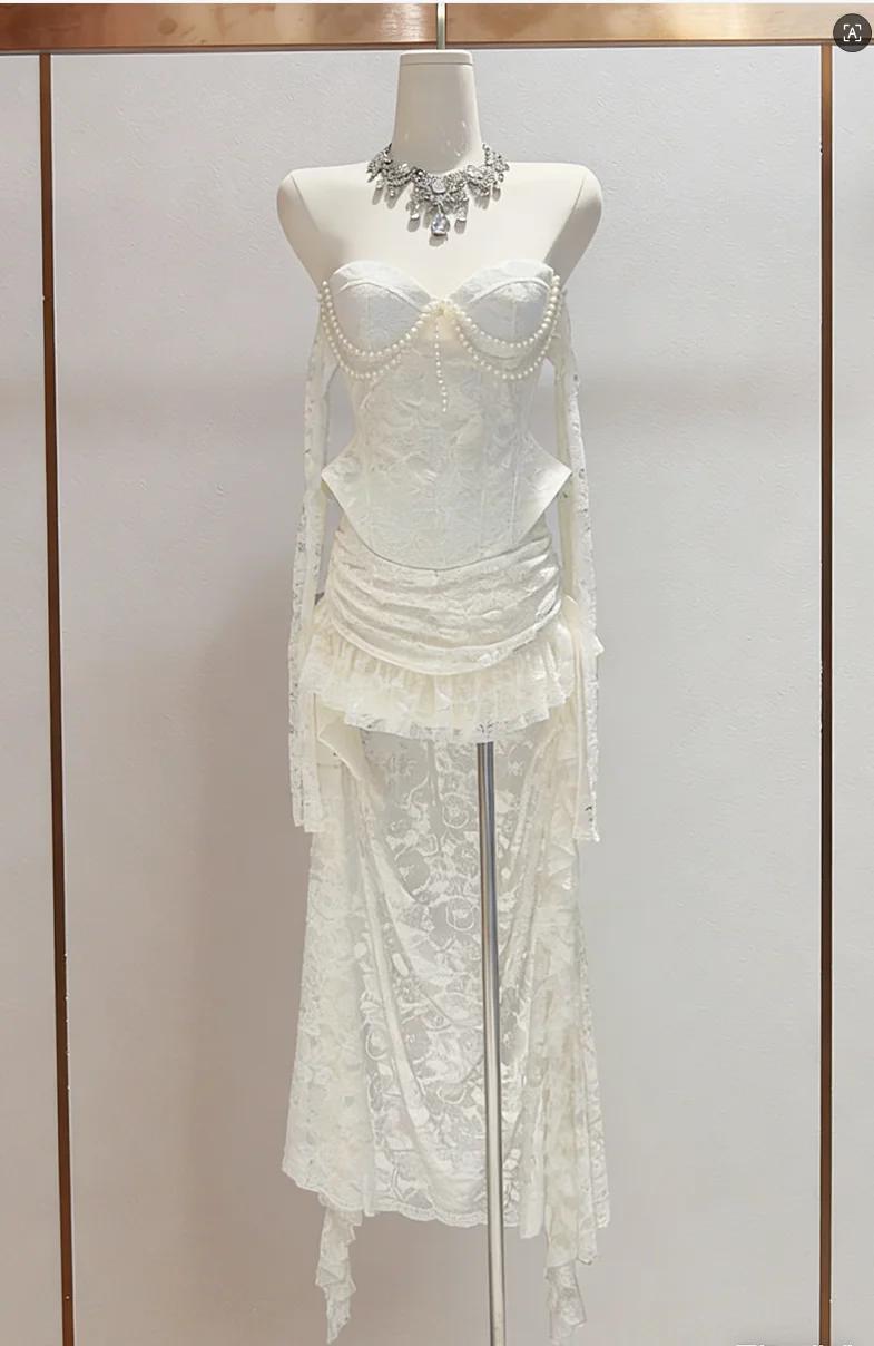 

High Quality New Trendy Women's Evening Outfit Luxury Beading Lace Two Pieces Party Dress Sexy Birthday Design Wedding Sets
