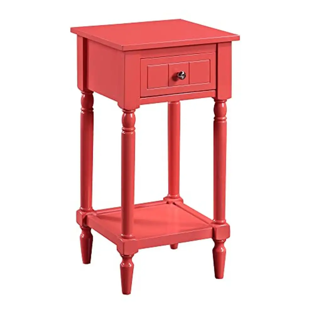 

French Country Khloe 1 Drawer Accent Table Solid Acacia Wood Engraved Design Bottom Shelf Coral 14"D x 14"W x 28"H Square Top