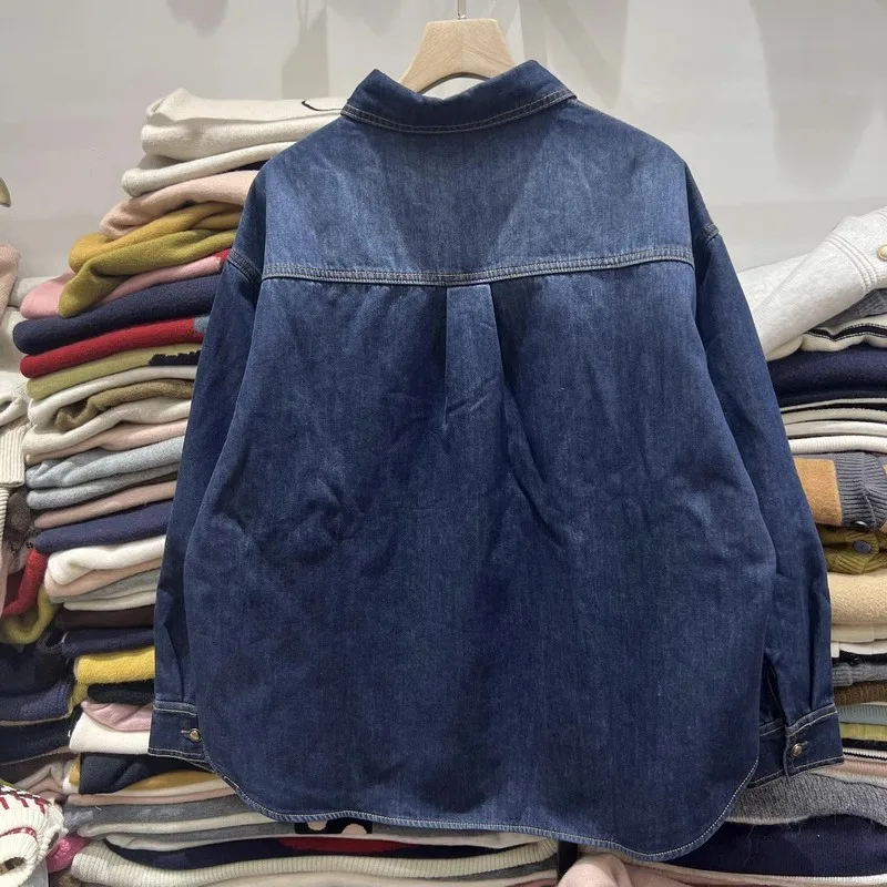 المرأة متوسطة طول المتناقضة قميص دينيم 2025 ربيع جديد السيدات التلبيب واحدة الصدر سترة غير رسمية التنقل قمة الموضة #2