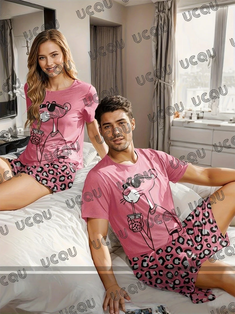 

2026 летние футболки с розовой пантерой и пижамы, шорты, женские повседневные домашние костюмы, модная пара, комплект из 2 предметов