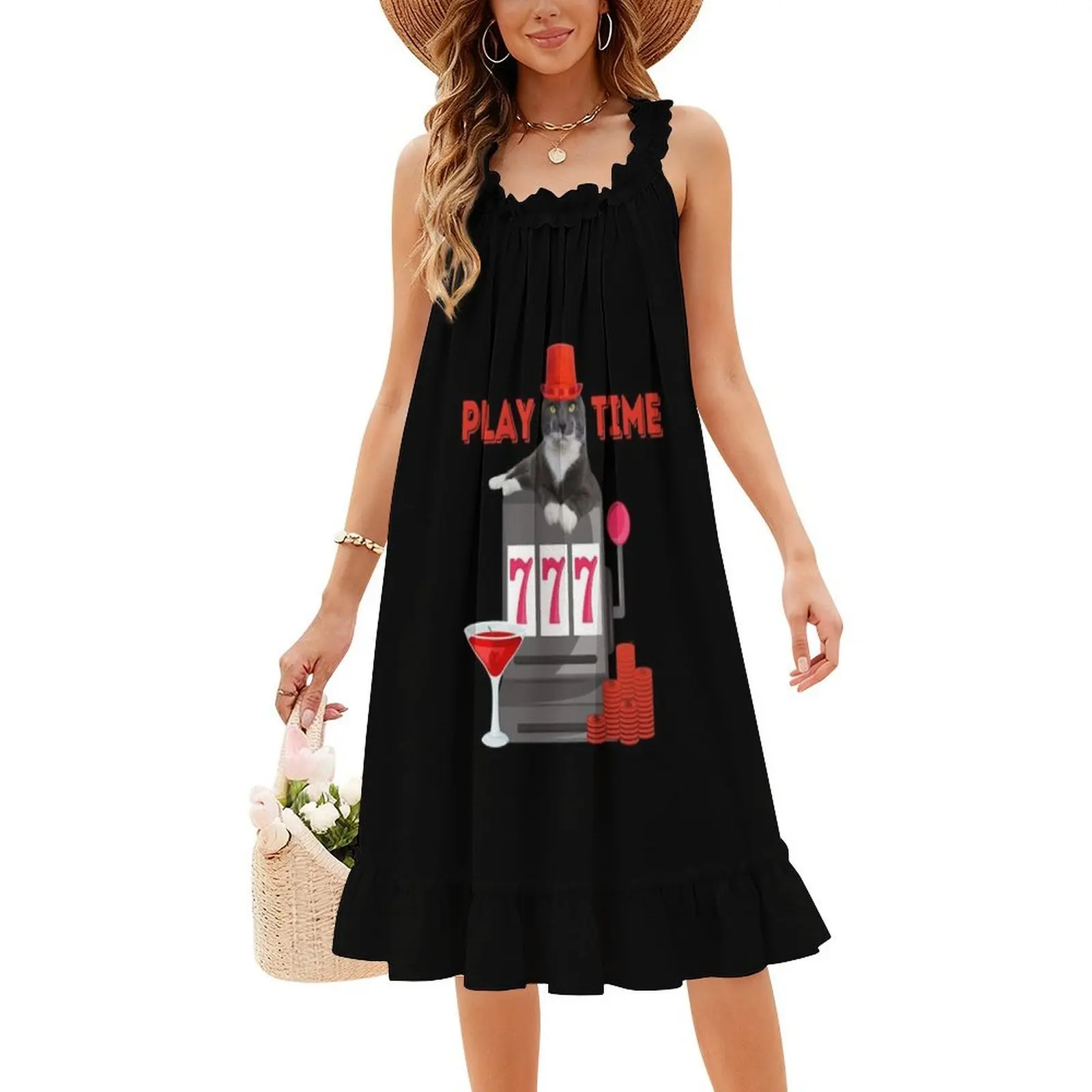 مضحك القمار القط اللعب الوقت مثير عطلة اللباس للنساء الشاطئ حزب عيد ميلاد فستان قصير مضحك فتحة آلة كازينو القمار #4