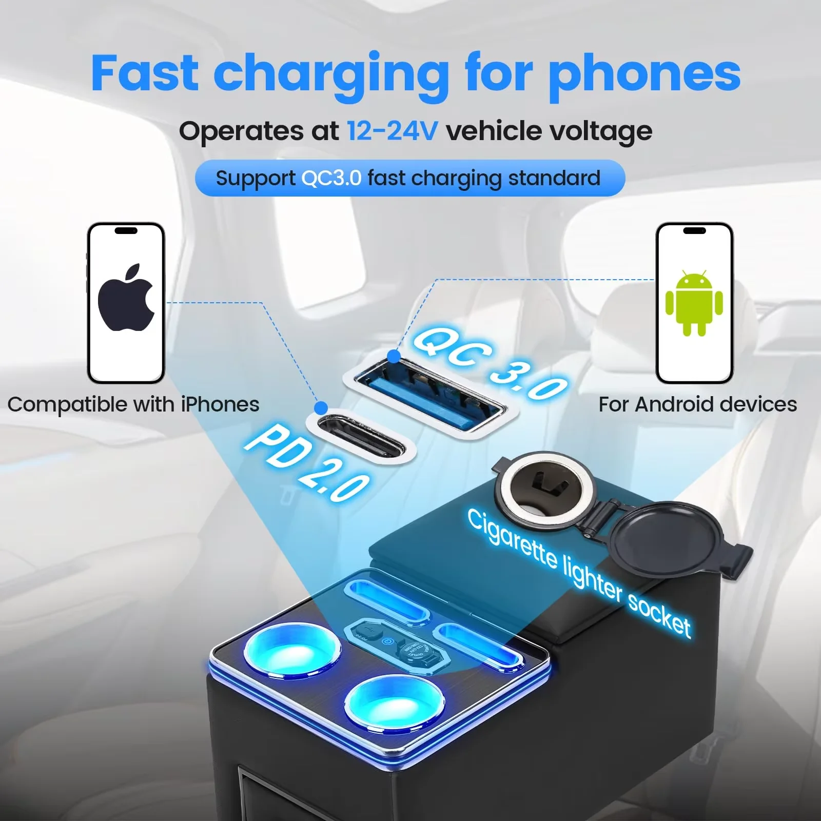Center Console 7-Color Mood Lighting Center Console Organizer Rear Armrest Back Bench Seat Storage Box for Car Minivan Van Truck - Image 4