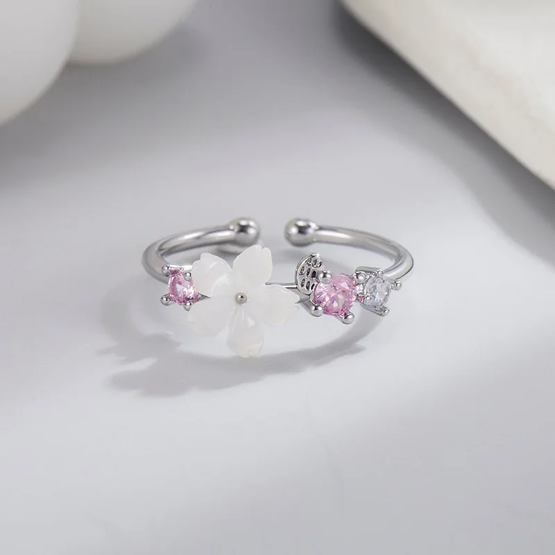 New Crystal Shell Flower Zircon Open Ring Cherry Blossoms Sakura Leaf Adjustable Wedding Rings for Women Girl Sweet Jewelry Gift