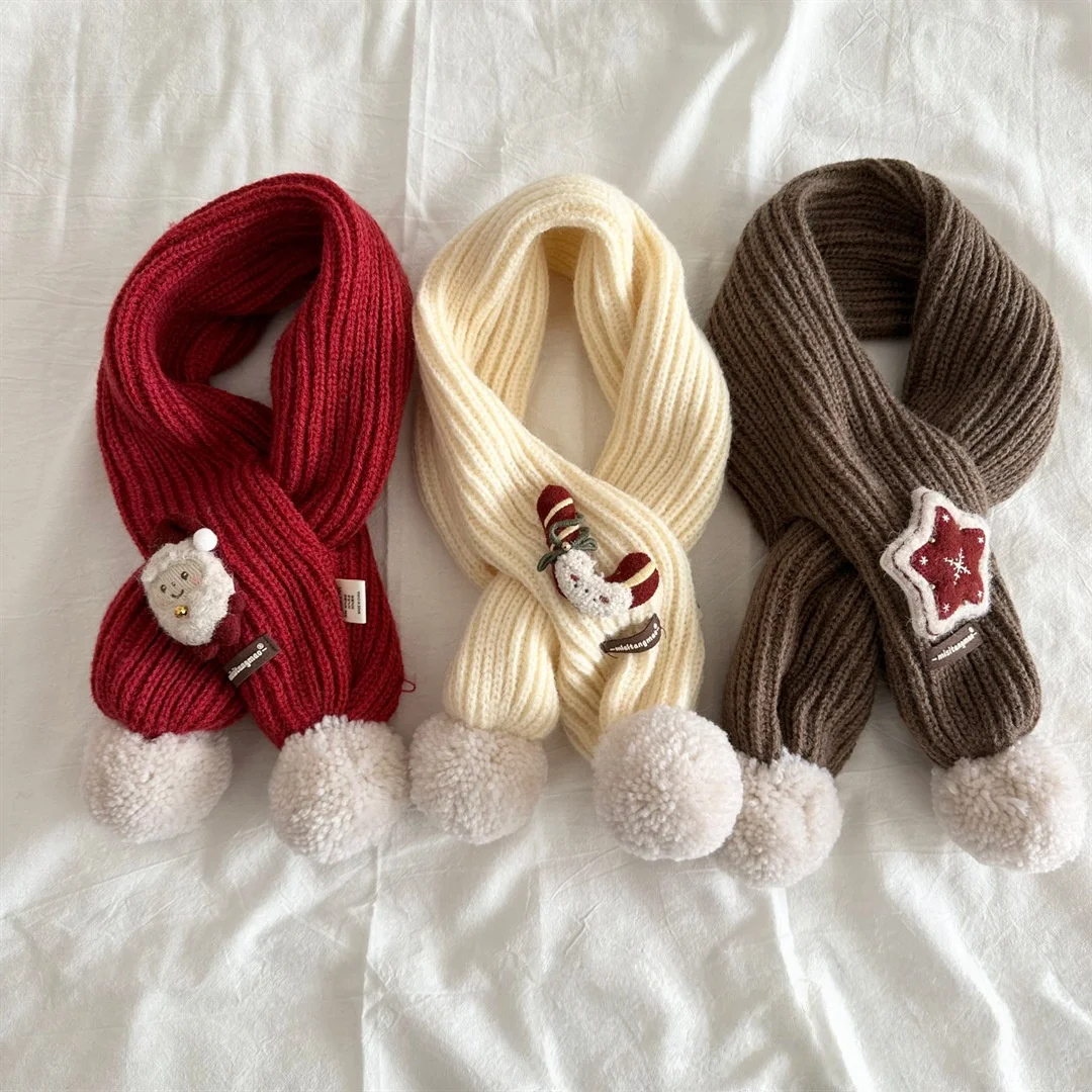 2025 Child Christmas Knitted Cross Neck Warmer Winter Girls Boys Pom Pom Decor Santa Embellishments Warm Baby Scarf Accessory