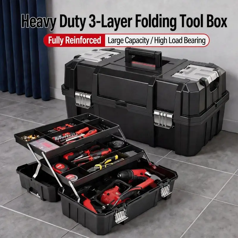 Professional Grade IP 67 Waterproof, Shockproof and Dustproof Clamshell Three-layer Black Toolbox Hard Box