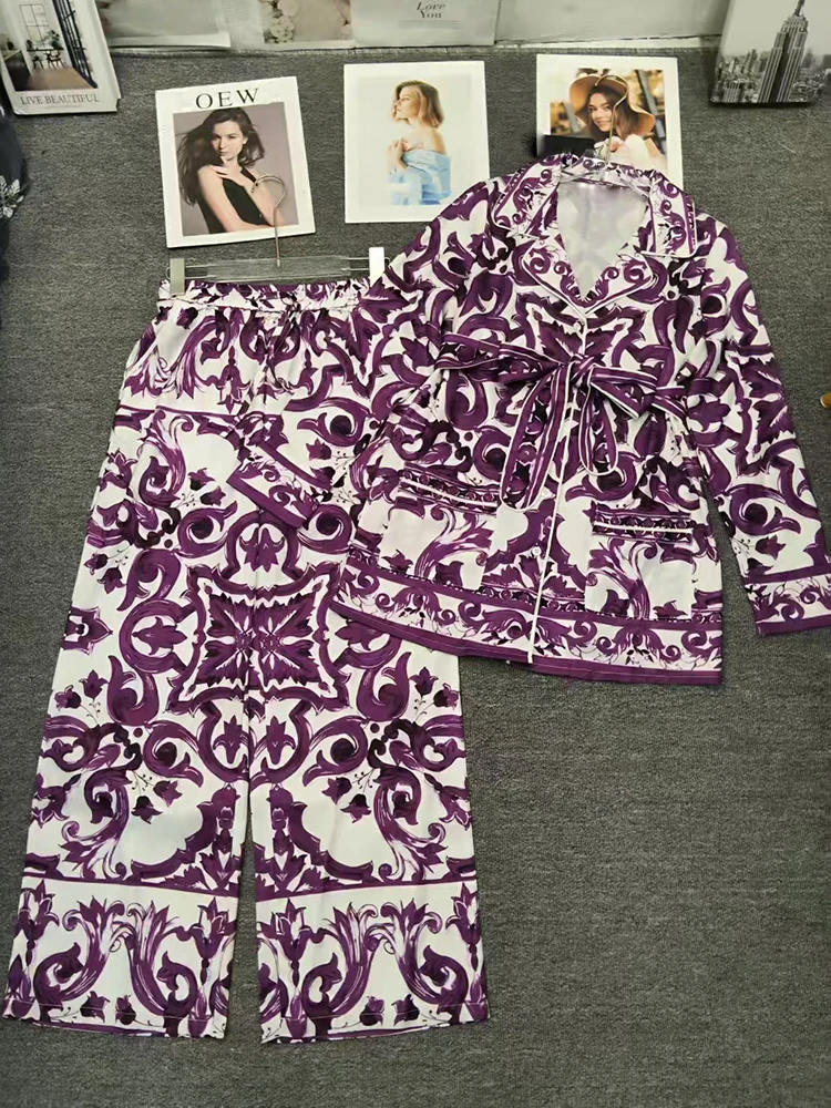 

Retro geometric print pajama style shirt two-piece set for autumn 2025 women's clothing+loose wide leg pants fashion set