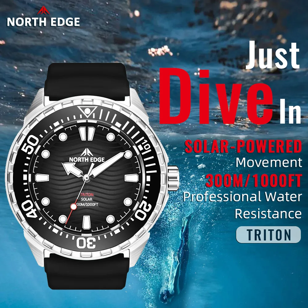 

Мужские часы NORTH EDGE 2026 New TRITON с солнечной батареей, водонепроницаемые до 300 м, корпус из нержавеющей стали 316L, кварцевые, люксовые.