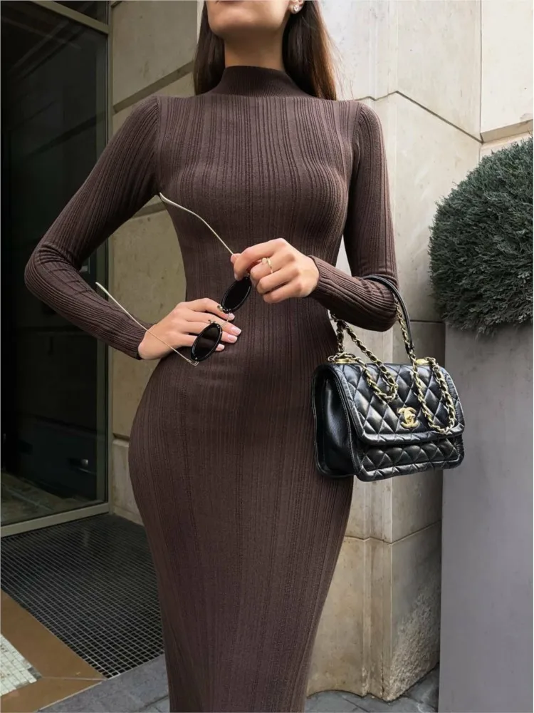 

2025 Autumn Winter New Solid Long Sleeved High Neck Women's Sexy Knitted Dresses Fashion Elegant Striped Bodycon Sweater Dress