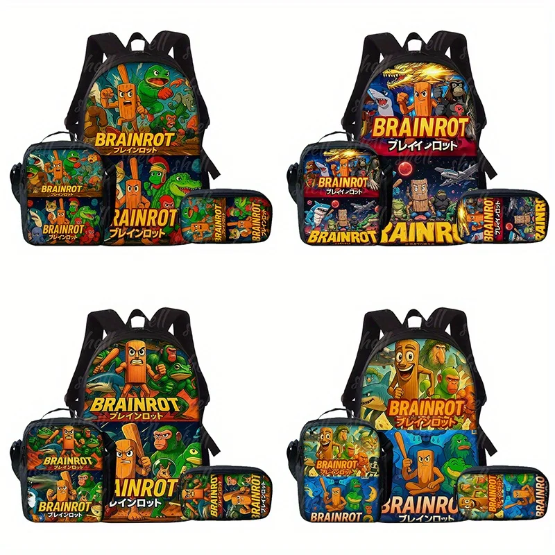 Lightweight Travel Bag - 3pcs Italian Brainrot Print Backpack Set - Multifunctional Storage Bag | Fashionable Design - Adjustabl