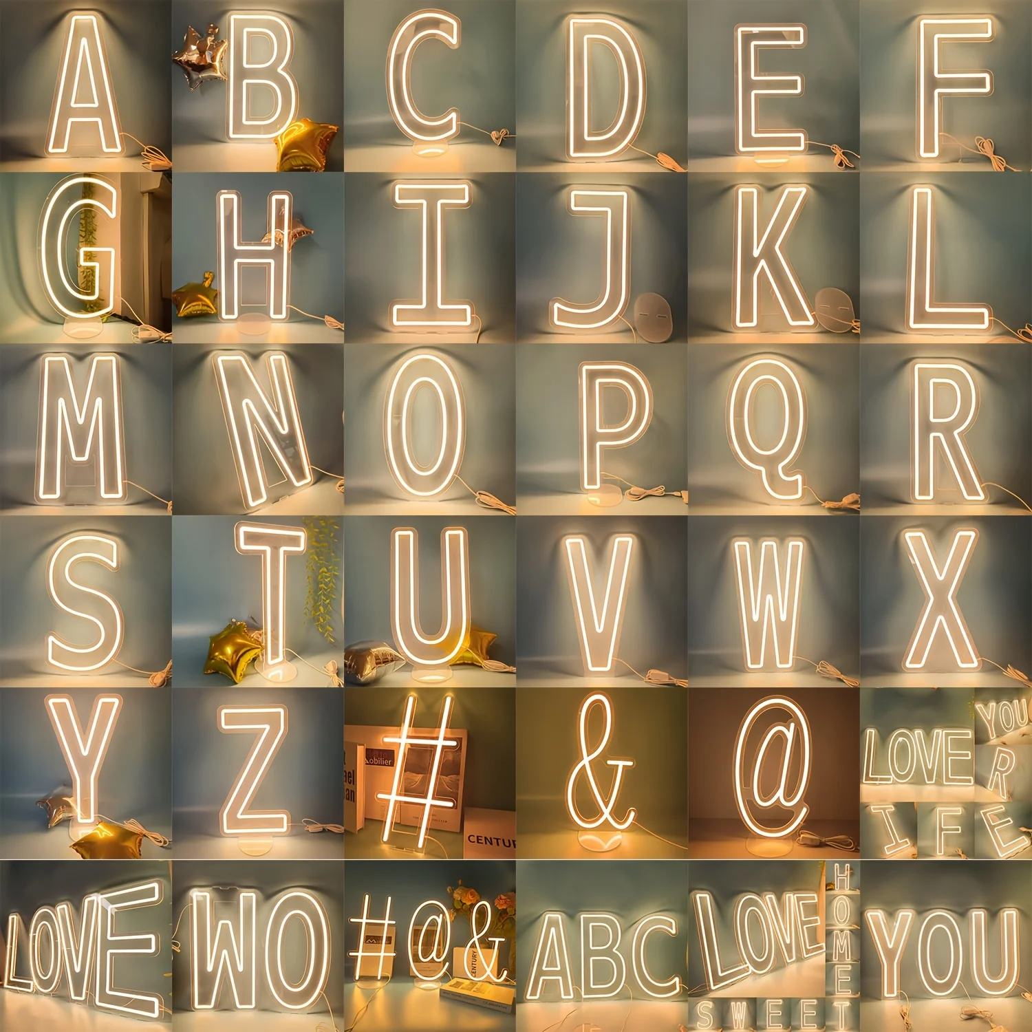 

Светодиодная неоновая вывеска с буквами A-Z, теплый белый свет, @ # Неоновая вывеска с символами, питание от USB, с регулируемой яркостью, 26 букв, светодиодная неоновая подсветка для дня рождения