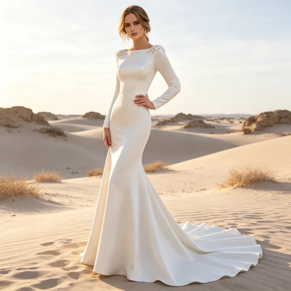 Customized One Collar Long Sleeved Satin Summer Fishtail Wedding Dresses High-end Feel Three-dimensional Slimming Bridal Gown
