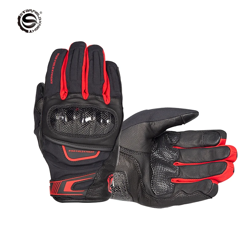 SFK Black&Red Motorcycle Gloves Winter Keep Warm Waterproof Real Leather Carbon Fiber Protection Wear-resisting Riding Gears