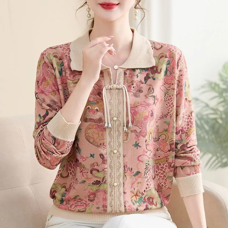 

Осенний пуловер с длинными рукавами и лацканами с принтом в стиле ретро, свободная повседневная трикотажная базовая рубашка, уменьшающая возраст