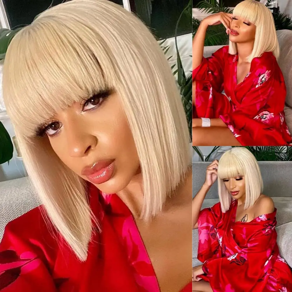 613 Blonde Short Bone Straight Bob Human Hair Wig With Bangs For Women Brazilian Remy Hair Blonde Wig for Women 613 Machine Made