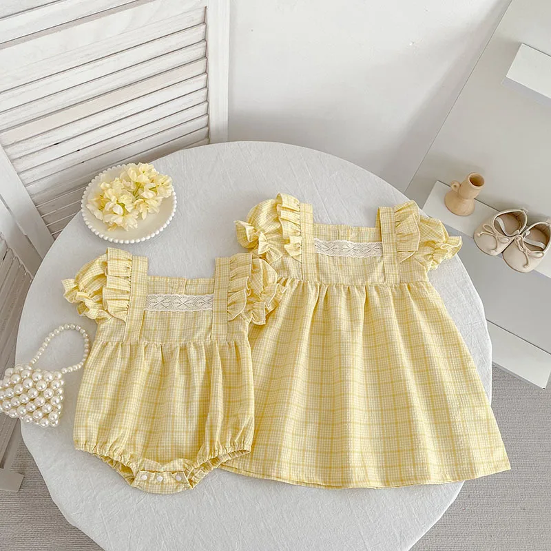 Summer girls dress plaid square collar princess dress baby climbing clothes fart clothes children's foreign style sister clothes