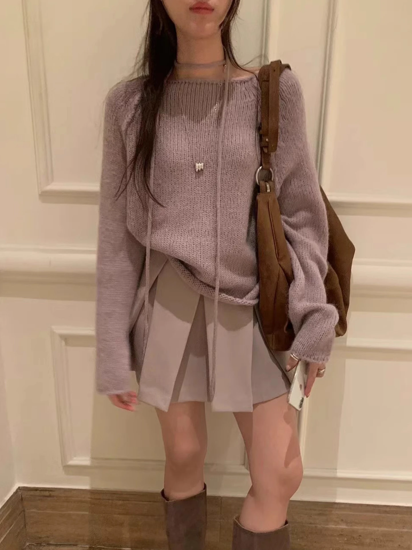 

Шикарный осенне-зимний ленивый свитер с открытыми плечами Long Sve, свободный повседневный вязаный свитер, женский однотонный трикотаж, удобный крой