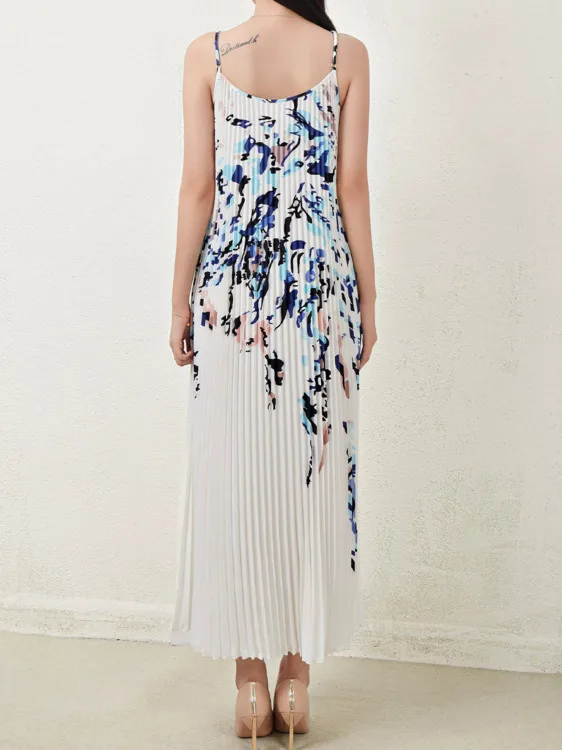 CHUJIE فستان نسائي موضة الترفيه الراقية مطبوعة حزام فضفاض بلا أكمام التجاعيد طول الركبة فستان 2025 ربيع/صيف جديد