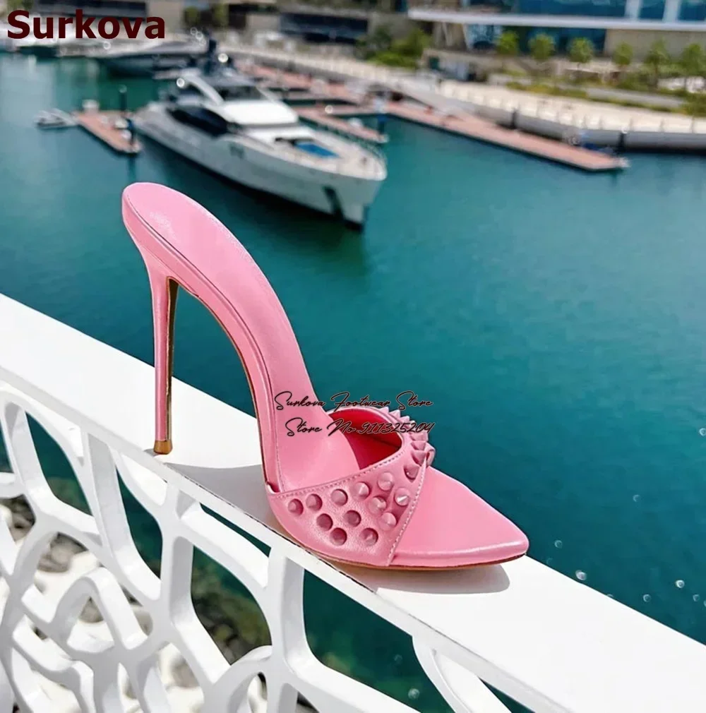 Surkova Thin High Heel Rivets Pointed Toe Slippers Slip-on Sexy Spikes Summer Sandals Dress Shoes Purple Pink Yellow