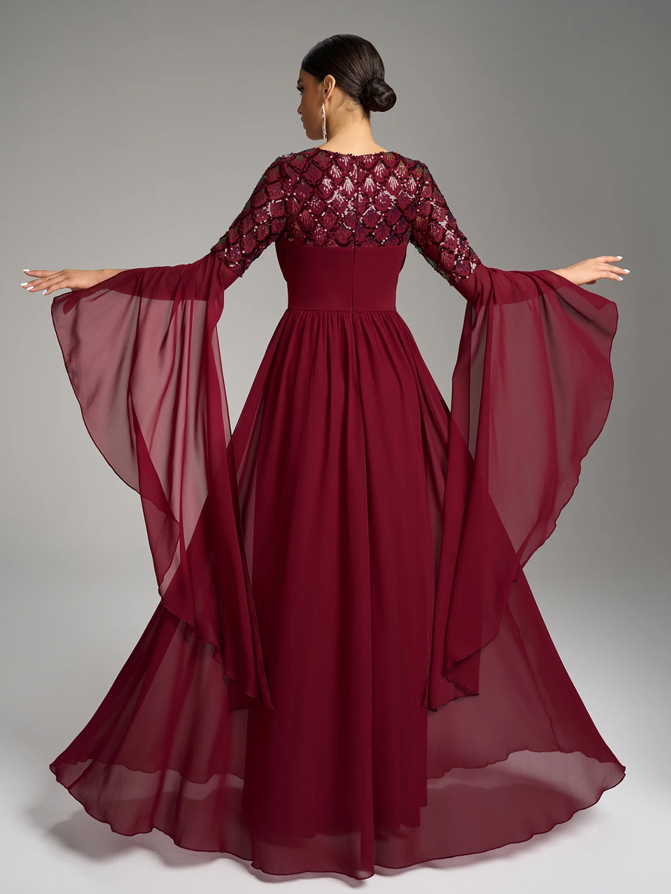 UNITHORSE جولة الرقبة أعلى مطوي جرس الكفة كم طويل الترتر لصق الشيفون الطابق طول مساء اللباس