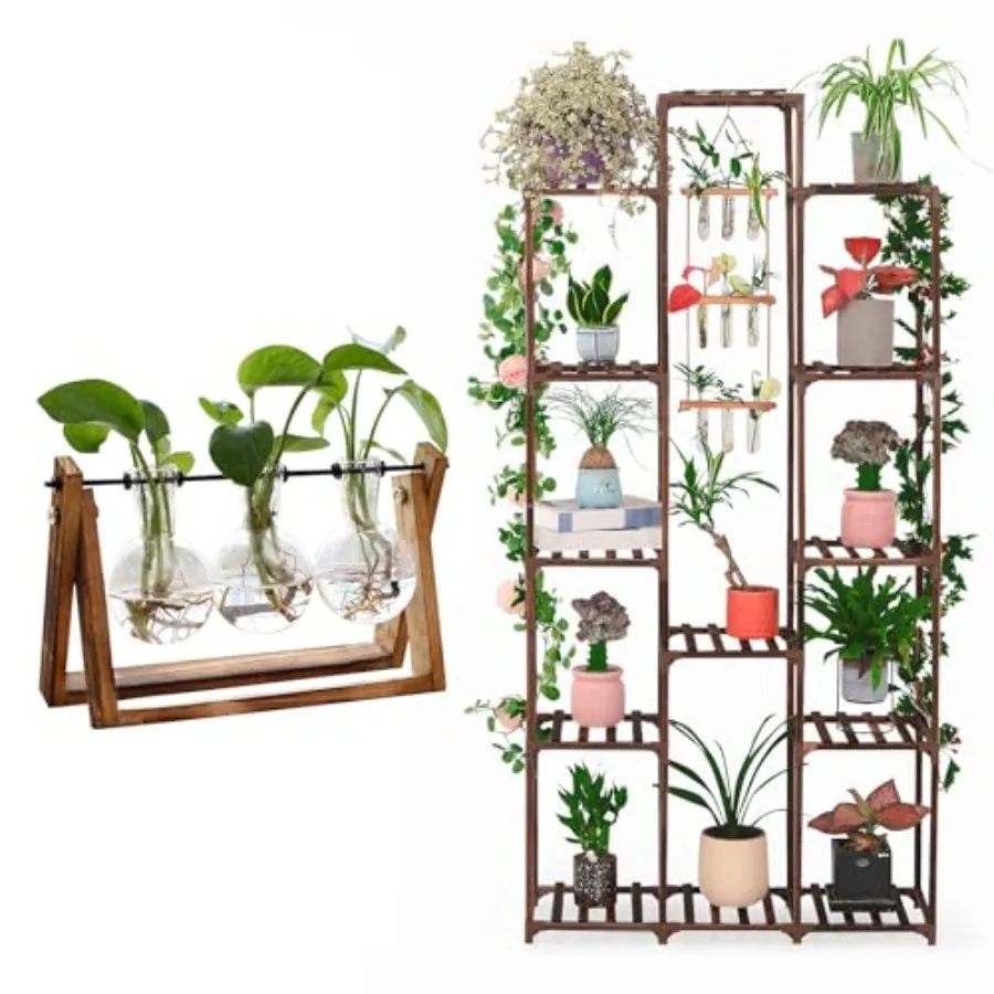 

Plant Terrarium with Wooden Stand, Air Planter Bulb Glass Vase Metal Swivel Holder Retro Tabletop Plant Stand Indoor Outdoor 13