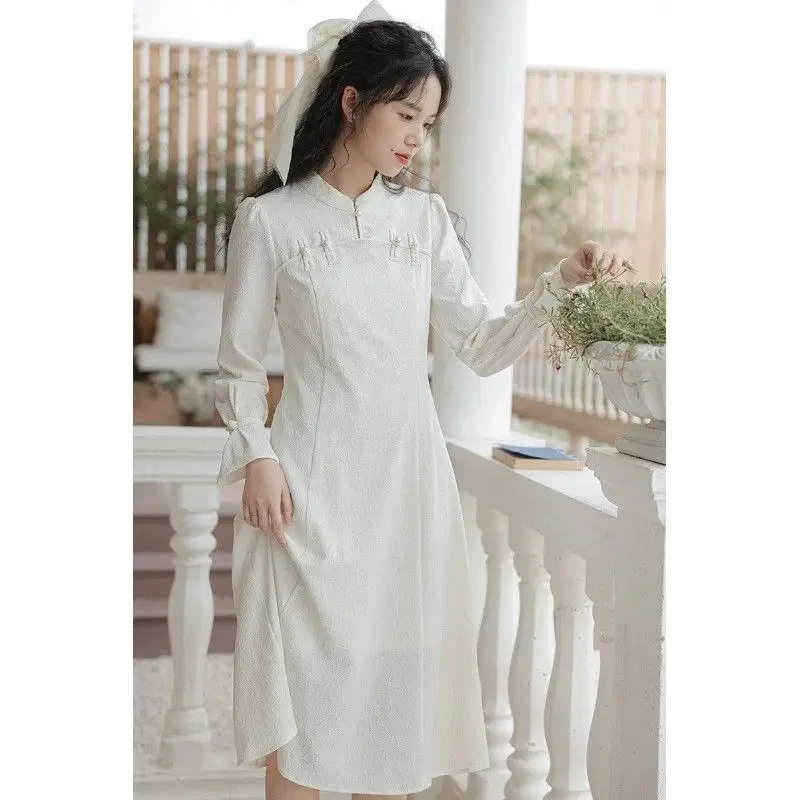 New Chinese Style New Chinese Style Cheongsam Improved Youthful Style Clear and Cool Temperament Zen Style Long Sleeved Dress