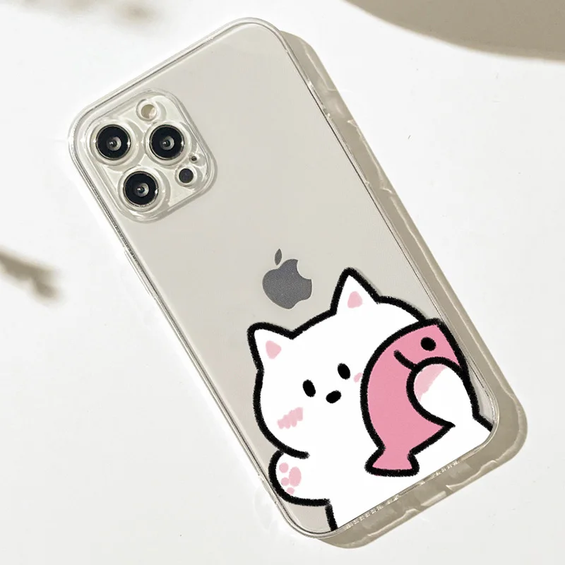Transparent Cute Animal Cat Fish Couple Phone Case For iPhone 16 15 14 13 12 11 Pro Max Plus 17 Air 13Mini Shell Cover Fundas