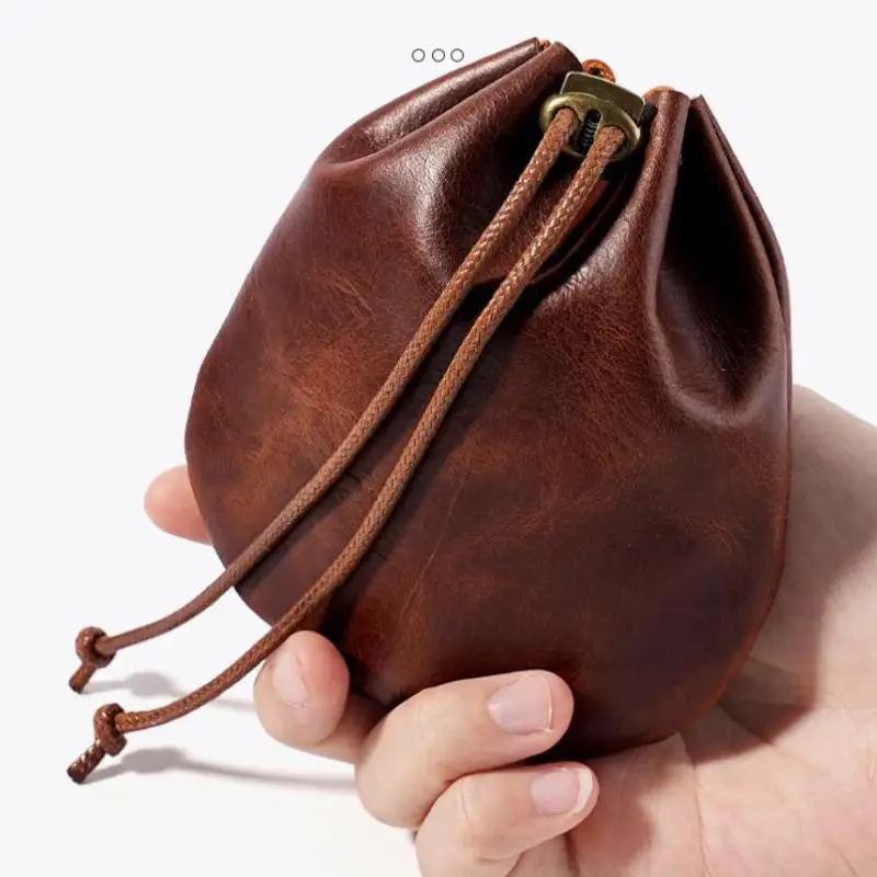 Genuine Oil Wax Crazy Horse Leather Drawstring Pouch Vintage Wear Resistant Mini Coin Purse for Birthday Gifting