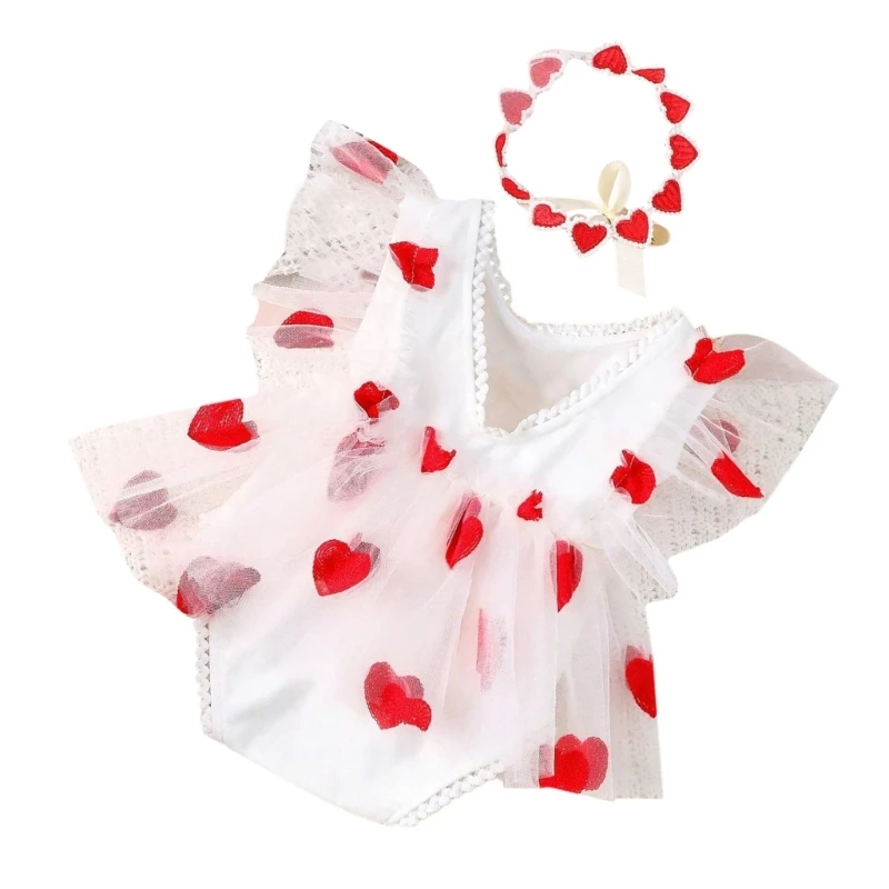 Baby Photo Clothes Girl Embroidery Heart Pattern Headband Romper Outfit