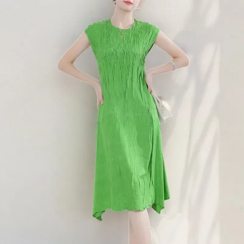 

Round Neck Sleeveless Casual Pleated Women's Dress 2025 Summer New Wave Loose Peplum A-line Dresses Miyake Fashion Solid Colour