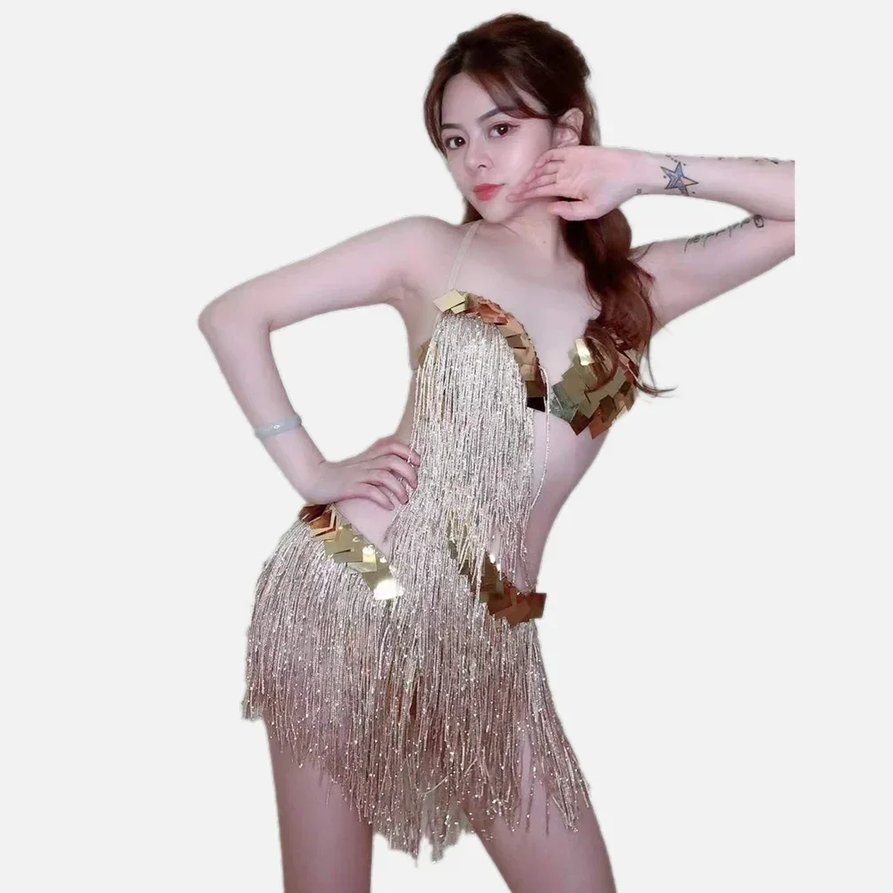 ساطع الذهب الترتر بيكيني الرسن عارية الذراعين الجوف خارج مثير شرابة فستان المرأة حفلة موسيقية القطب الجاز القماش المرحلة المغني الرقص زي #6
