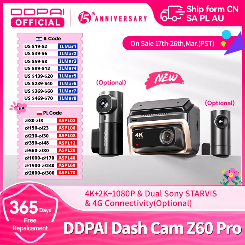 DDPAI 4K Dash Cam Z60 Pro 3CH Front and Rear Interior Car Camera SONY STARVIS2 Sensor 24h Parking 5GHz Wi-Fi ADAS GPS  4G