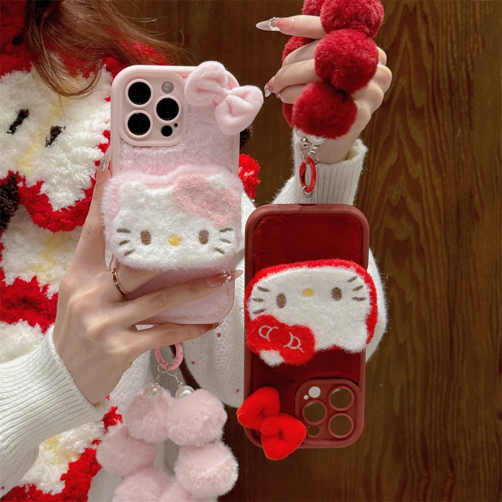 Korean 3D Hello Kitty Phone Chain Wrist Strap Soft Case For iPhone 16 15 14 Pro Max 13 12 Cute Warm Fur Fluffy Cover For Winter