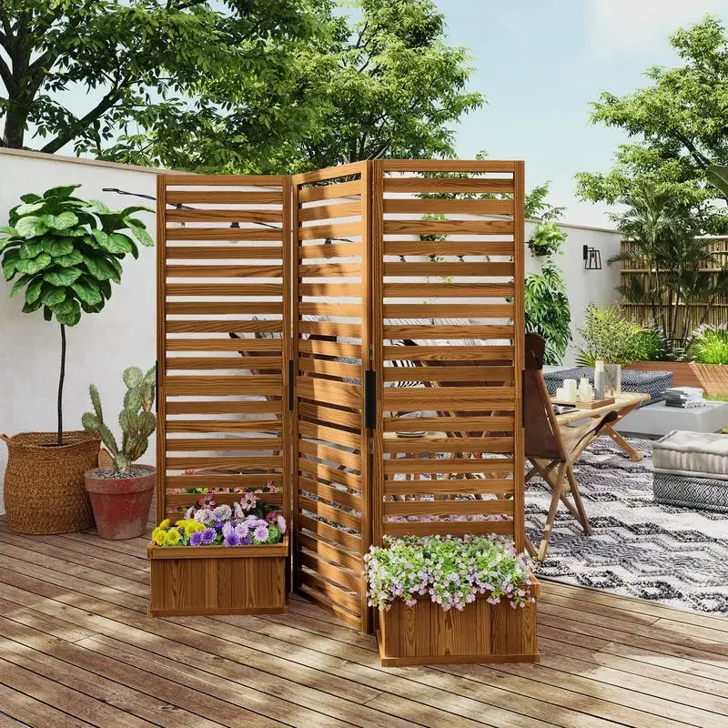 62.5" x 19" x 66" Wood Panel Trellis w/ 4 Planter Box Raised Bed for Garden Natural Wood - view 2