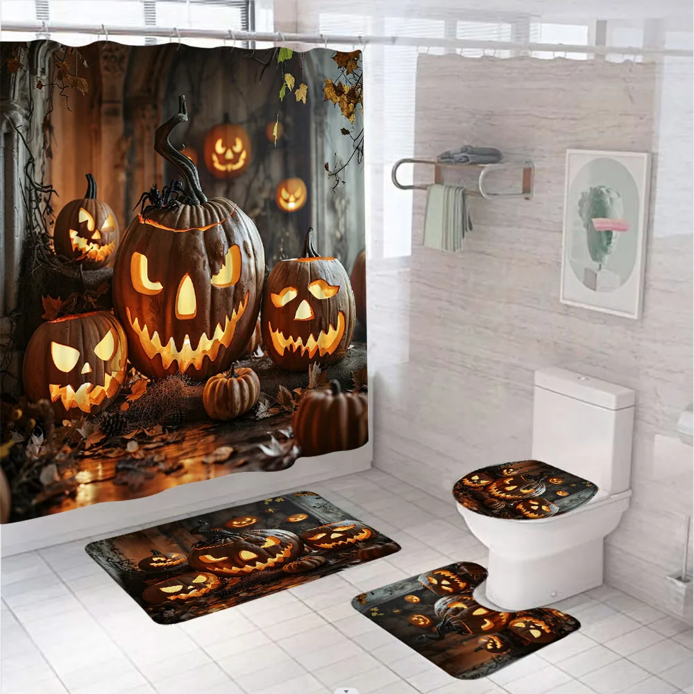 Funny Halloween Cat Shower Curtain Set Spooky Bat Pumpkin Black Starry Sky Full Moon Castle Bathroom Decor Toilet Bath Mat Rug