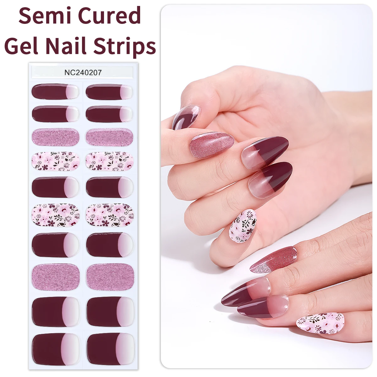 

20Tips Purple Brown French Semi Cured Nail Gel Strips Flowers Gradient Gel Nail Stickers for Women Winter Adhesive DIY Manicure