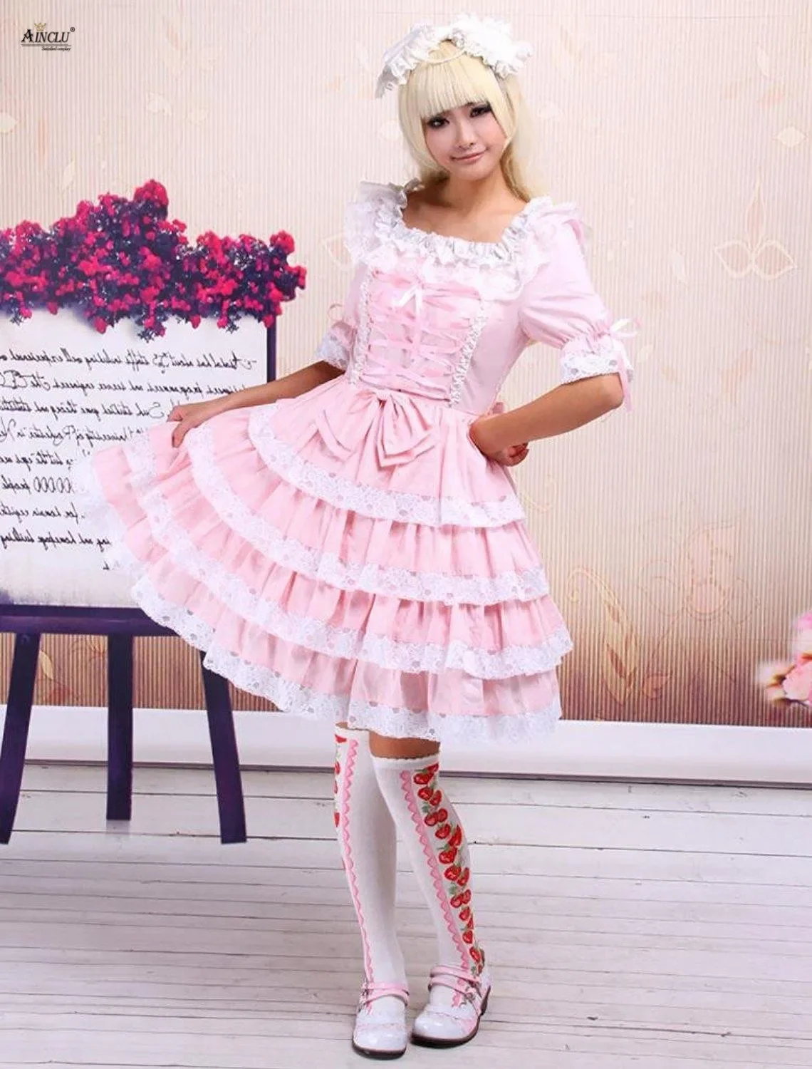 Dolce Lolita Abito in cotone Rosa Cravatte anteriori in pizzo Maniche staccabili Ragazze carine Lolita Dress Coaplay Costumi Party Club XS-XXL