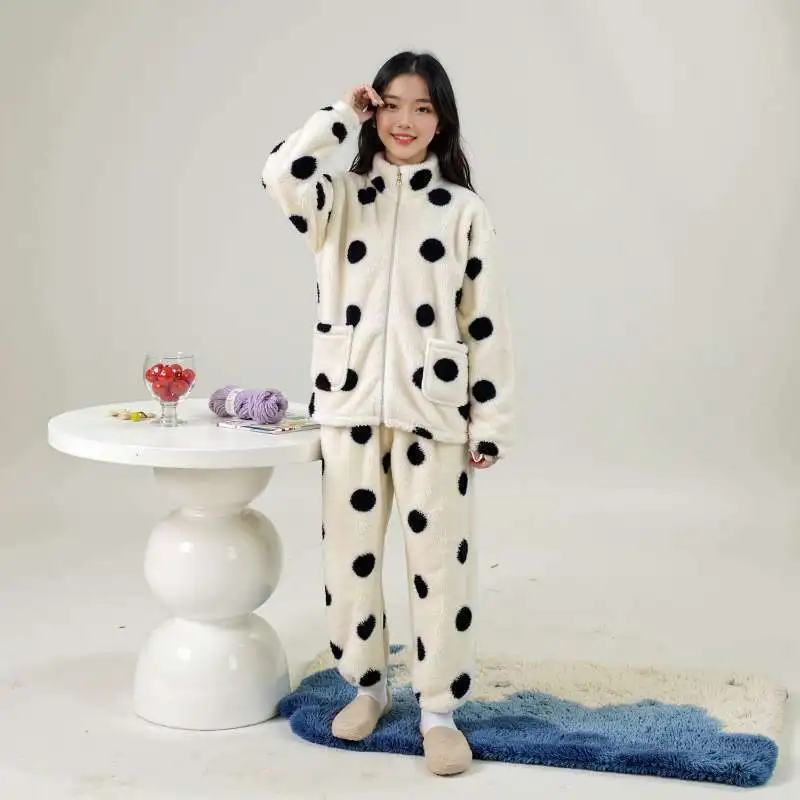 Winter Pajamas Women's Polka Dots Clearance Anti-season Polka Dots Coral Fleece Pajamas Homewear Set High-end Casual Underwear