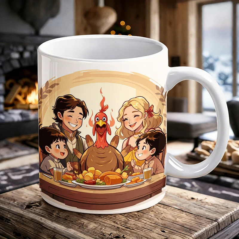 

11 oz family feast handle ceramic mug, full print pattern coffee mug, insulated milk cup, office water cup, fade-resistant