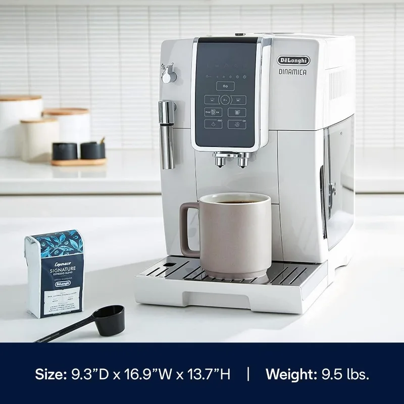 Máquina de café expresso De'Longhi Dinamica, branca - fabricação automática de feijão a xícara, moedor de rebarbas de aço integrado e batedor manual