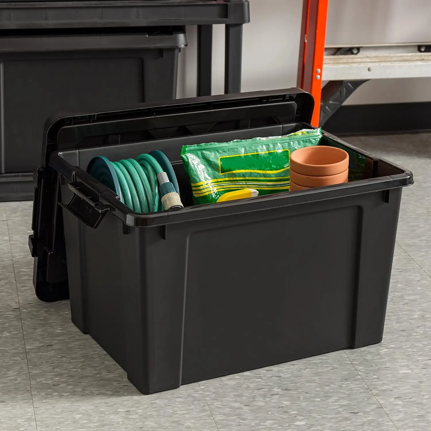 Lockable Storage Totes with Lids,6Pack-Black, Large Garage Organizing Bins Moving Tubs, Rugged Sturdy Equipment Utility Tool Box