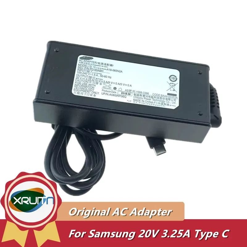 Original A18-065N2A 20V 3.25A 65W Type C AC Adapter Laptop Charger for Samsung 930QCG NP930SBE NP950SBE Powre Supply BA44-00353A