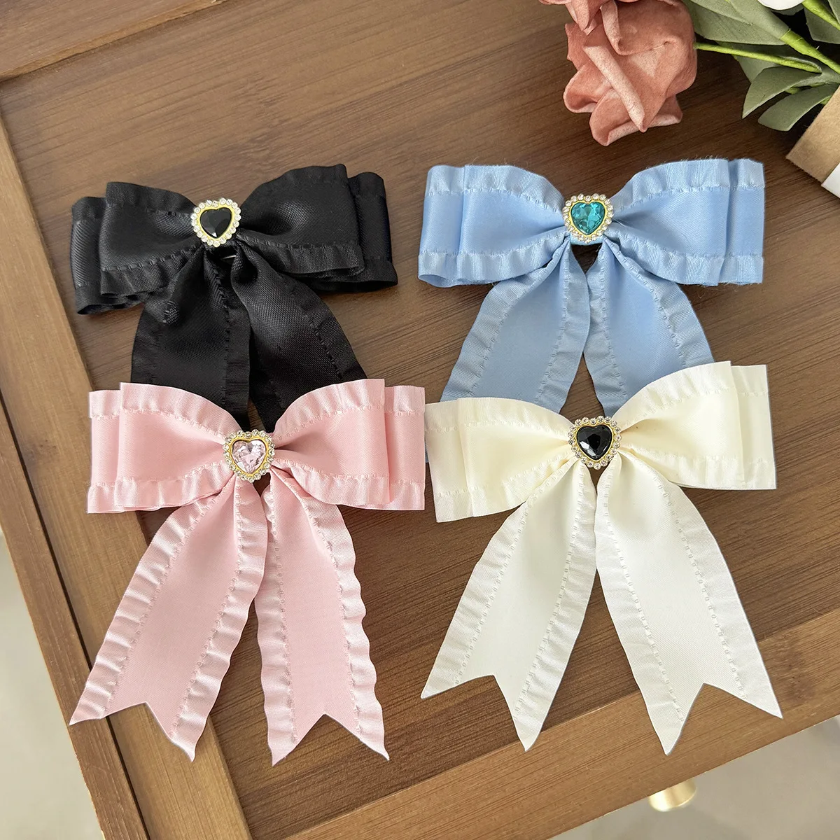 30pc/lot Solid Color Frills Ribbon Bow Hair Clips Women Girls Long Tassel Ribbon Bow Hairpins With Rhinestone Heart Kid Headwear