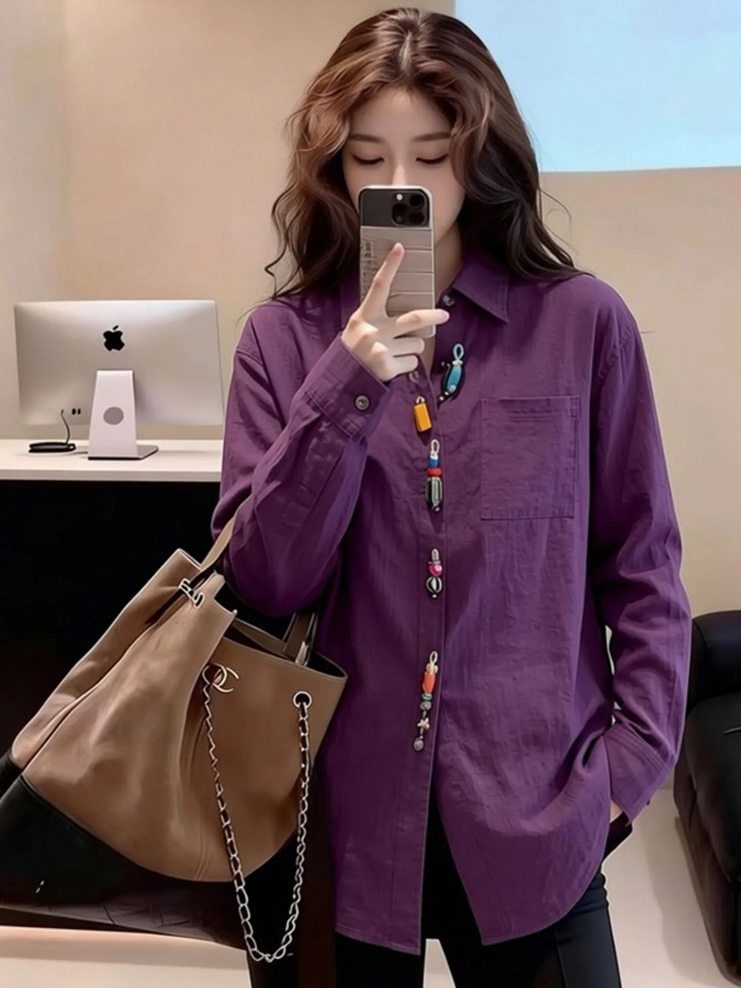 

Ele Purple irt Women's Loose Fit Long Sve Casual Sle Collared Top Spring 2026 New Arrival Faion Sensation