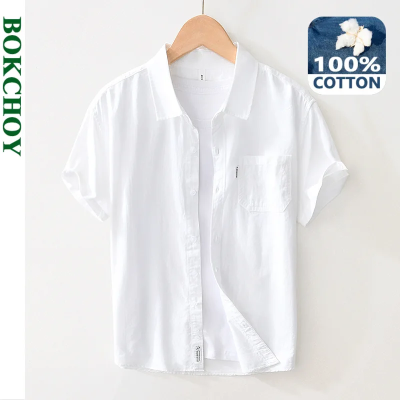 2024 Spring Summer New Pure Cotton Solid Color Short Sleeve Shirts Men Clothing Casual Thin Comfortable Streetwear BL2066