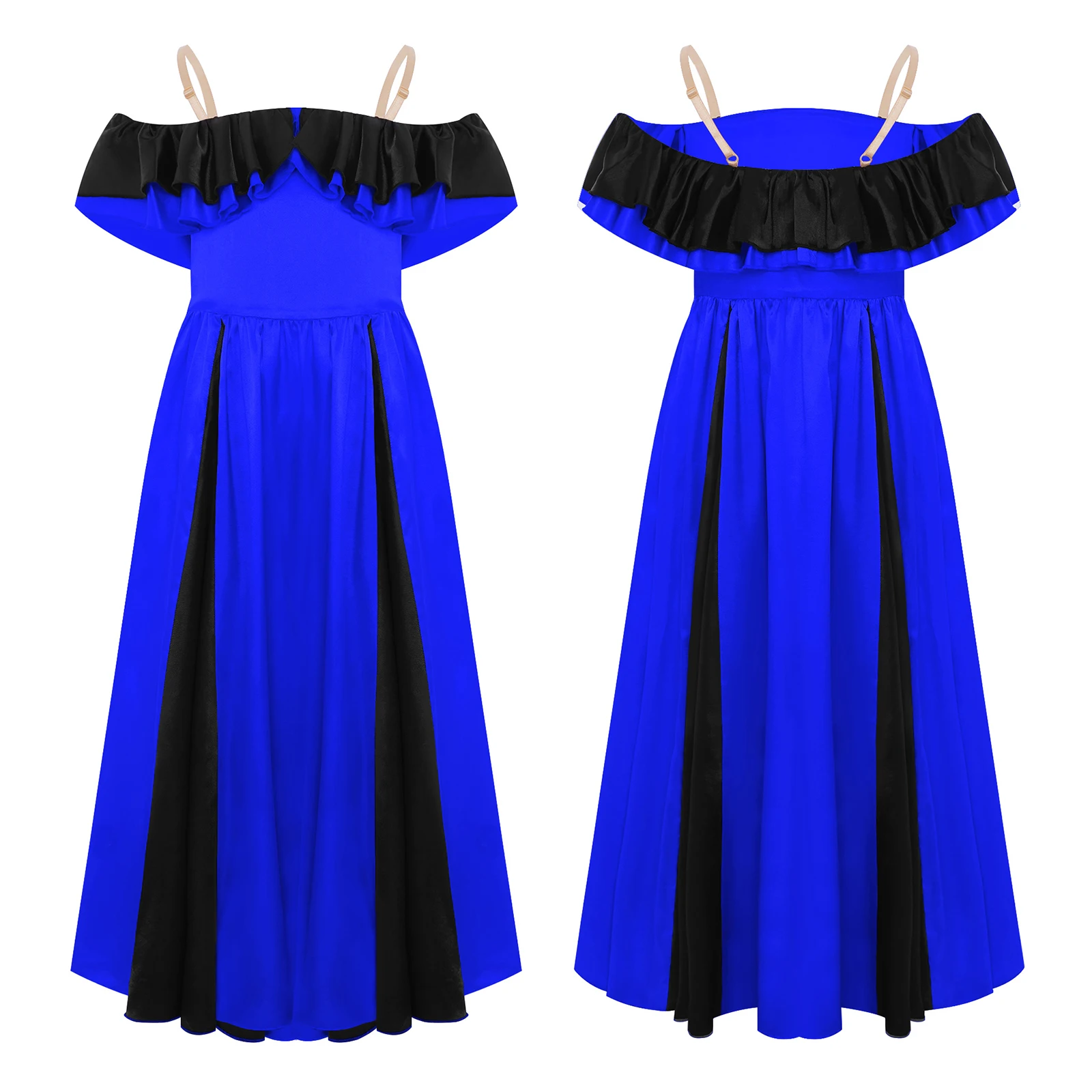 

Kids Girls Fashionable Off-Shoulder Dress Vibrant Color Block Romantic Ruffles for Dance Shows Special Occasions Dancewear