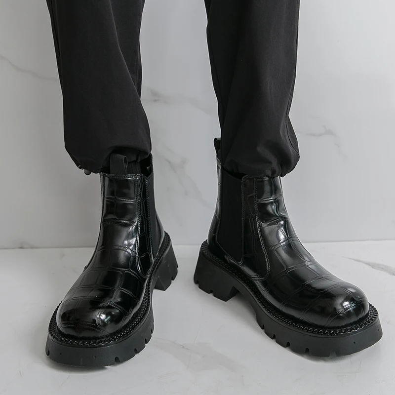 メンズチェルシーブーツ PUレザー ハイカット 両サイドゴム 厚底 無地 おしゃれ ビジネスブーツ