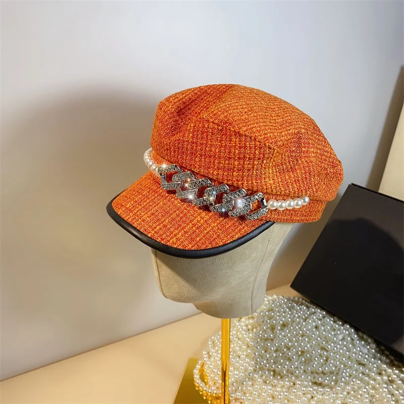 Spring and Autumn Women's Hat Pearl Rhinestone Button Colorful Navy Hat Fashion Show Face Small Flat Cotton Hemp Cap Artist Hat