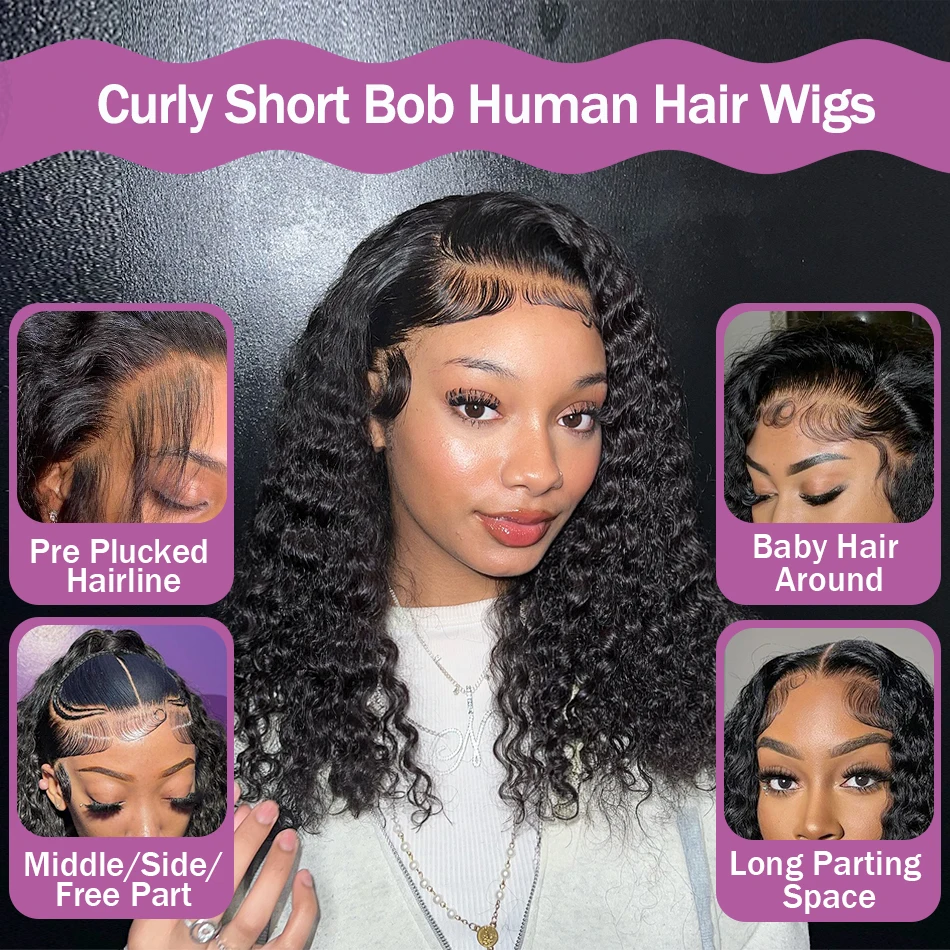 Perruque Bob Lace Frontal Wig naturelle Remy bouclée, cheveux courts, Deep Wave, densité 200, 13x4, pre-plucked, 13x6