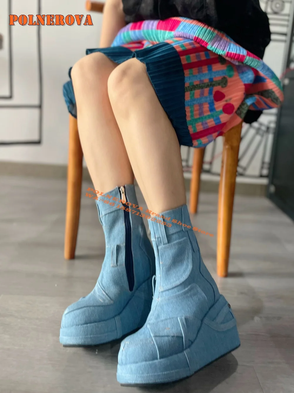 Denim Wedges Rivet Patchwork Western Cowboy Boots Plus Size Side Zip Sewing Height Increasing Couple Ankle Boots 2024 New Style